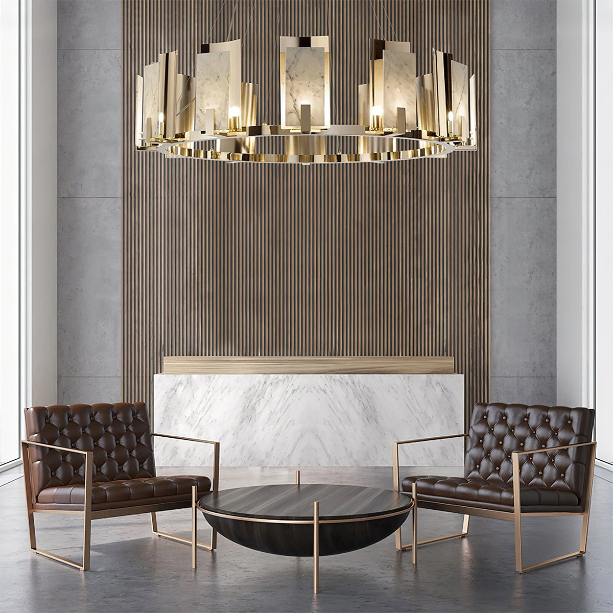 Jessie Alabaster Round Chandelier — additional product view, stone shades arranged around a circular metal structure (view 4)