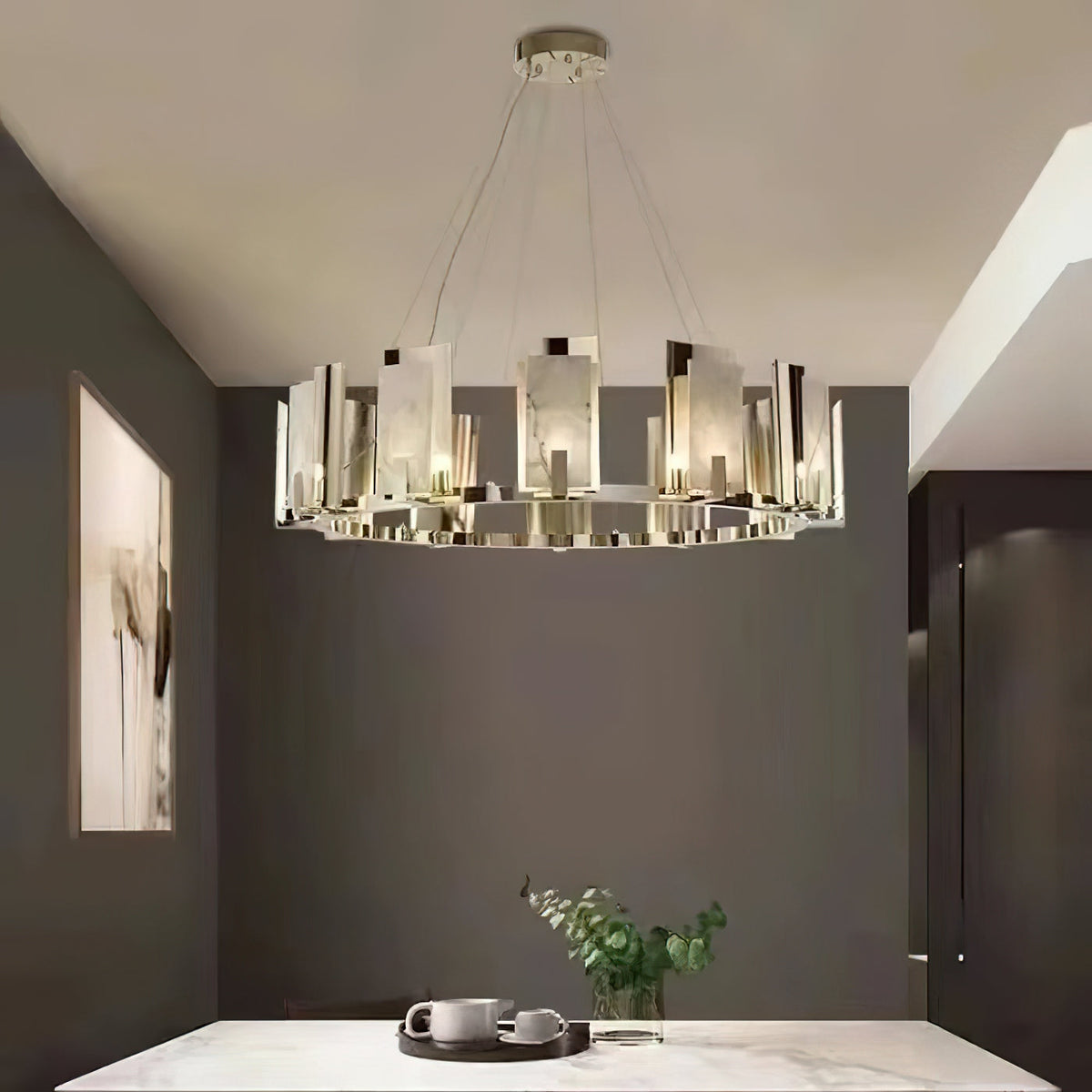 Jessie Alabaster Round Chandelier — additional product view, stone shades arranged around a circular metal structure (view 5)