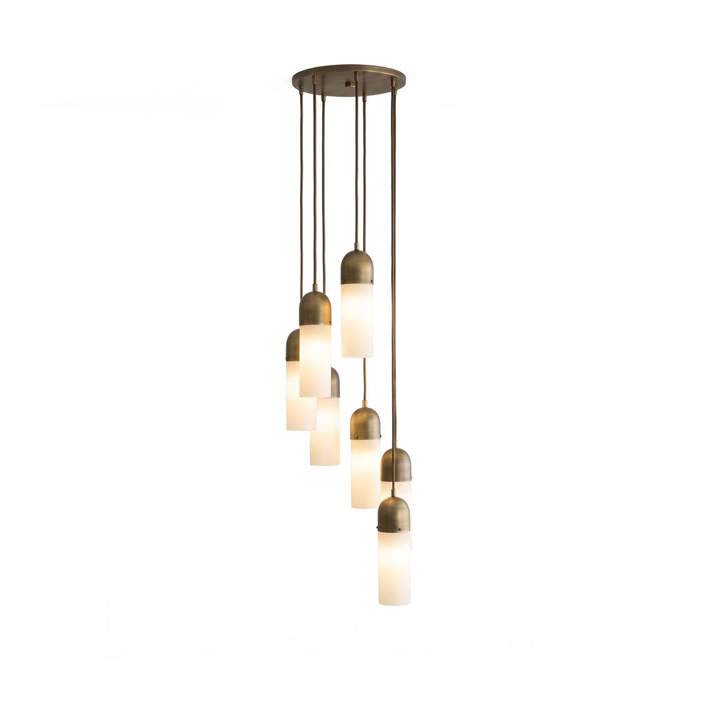 Junio Alabaster Chandelier — full fixture profile, stone cylinders suspended beneath bronze-colored caps (view 1)