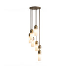 Junio Alabaster Chandelier — full fixture profile, stone cylinders suspended beneath bronze-colored caps (view 1)