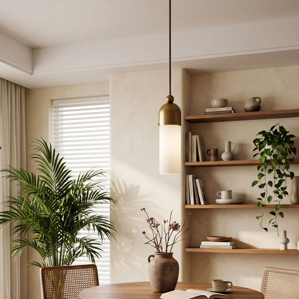 Junio Alabaster Chandelier — additional product view, stone cylinders suspended beneath bronze-colored caps (view 3)