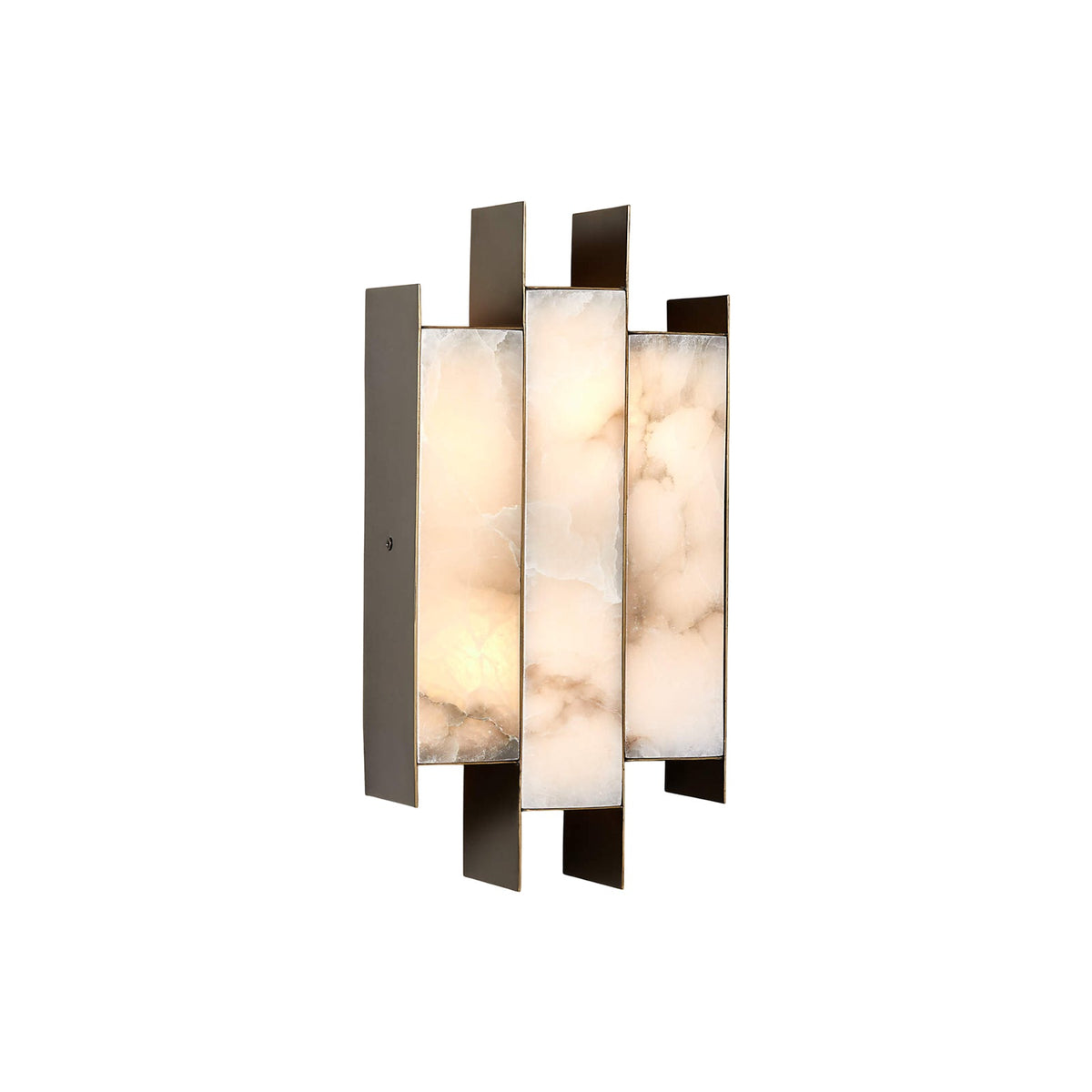 Kamila Alabaster Wall Lamp — full fixture profile, three stone panels held within a brass frame (view 1)