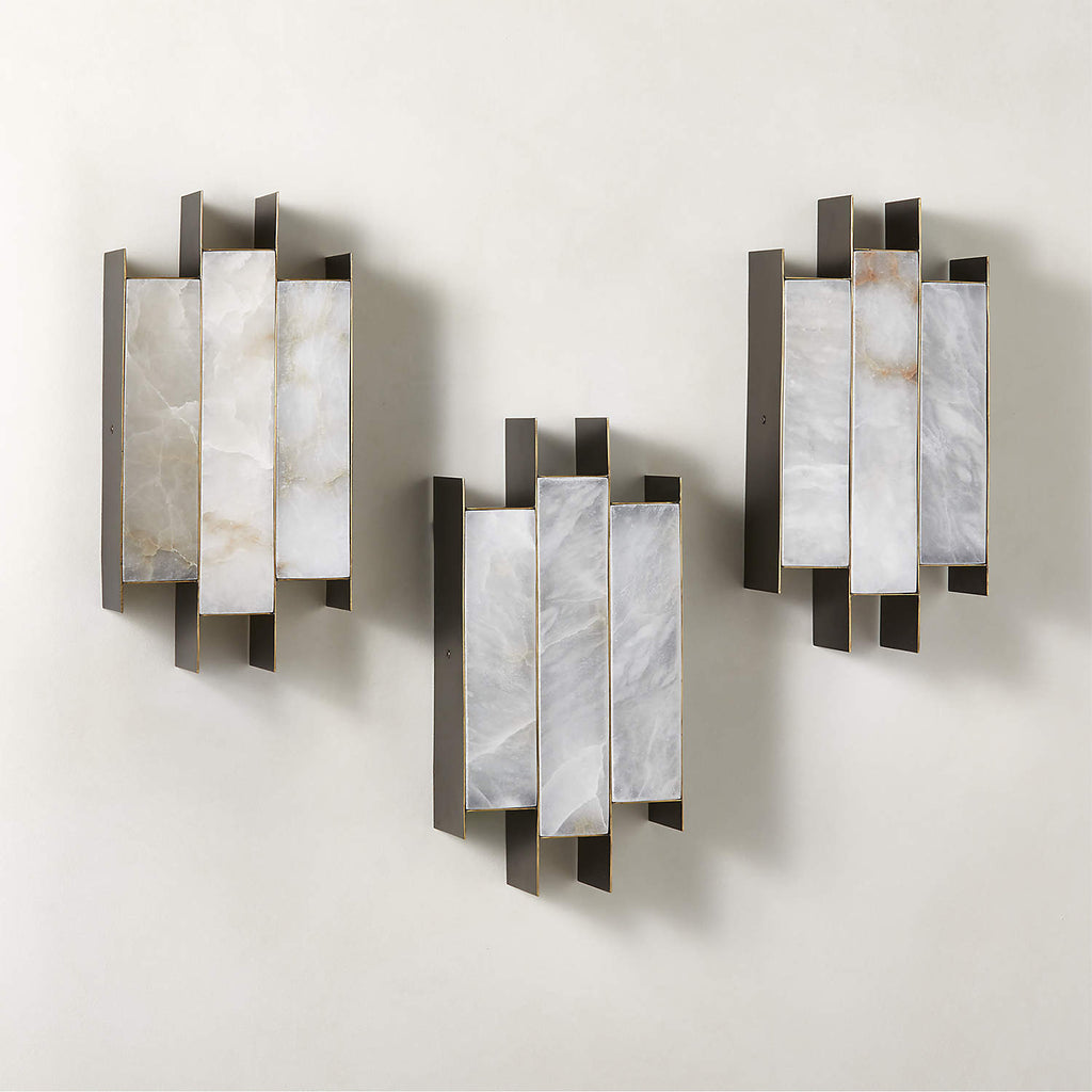 Kamila Alabaster Wall Lamp — product setting and fixture profile, three stone panels held within a brass frame (view 2)
