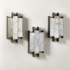 Kamila Alabaster Wall Lamp — product setting and fixture profile, three stone panels held within a brass frame (view 2)
