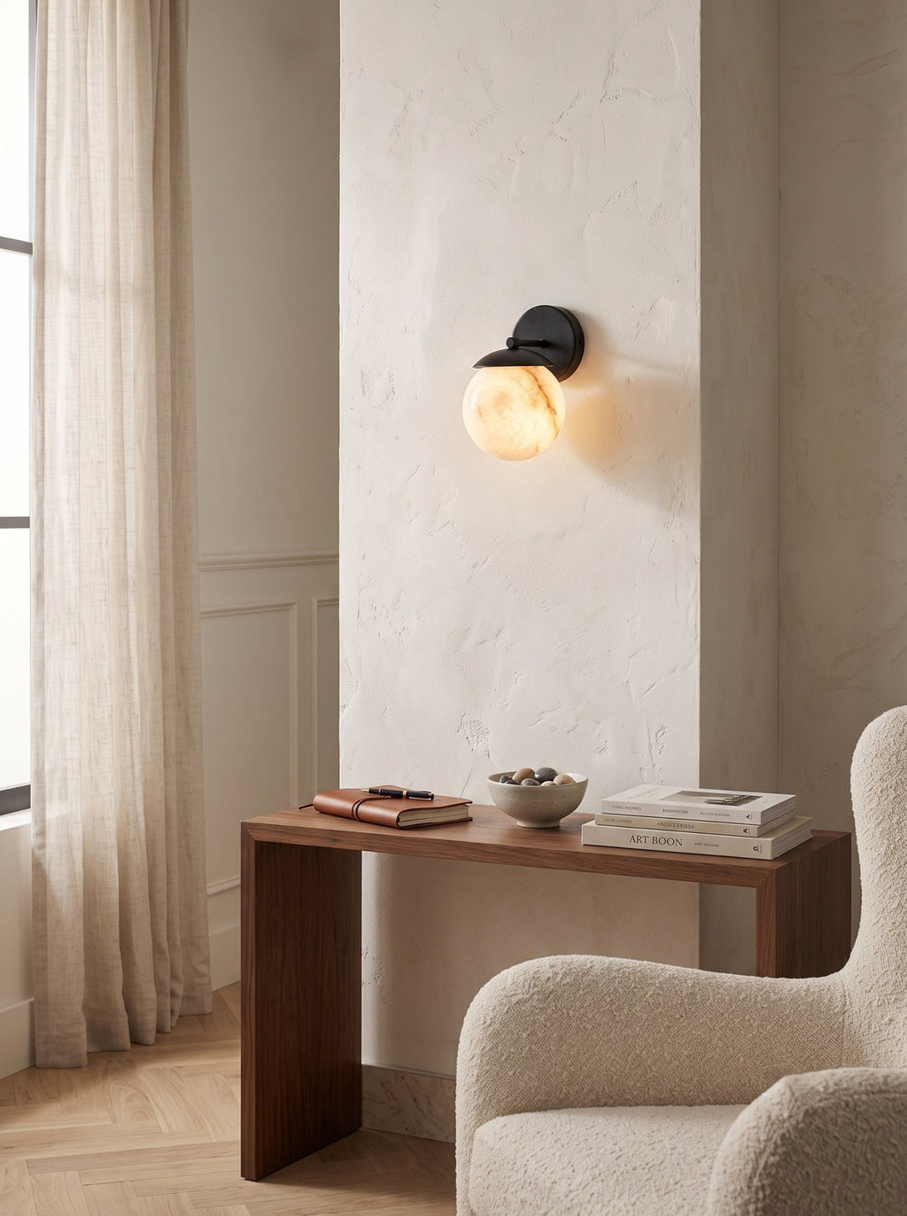 Lark Julep Alabaster Wall Sconce — additional product view, a stone globe beneath a brass cap (view 3)