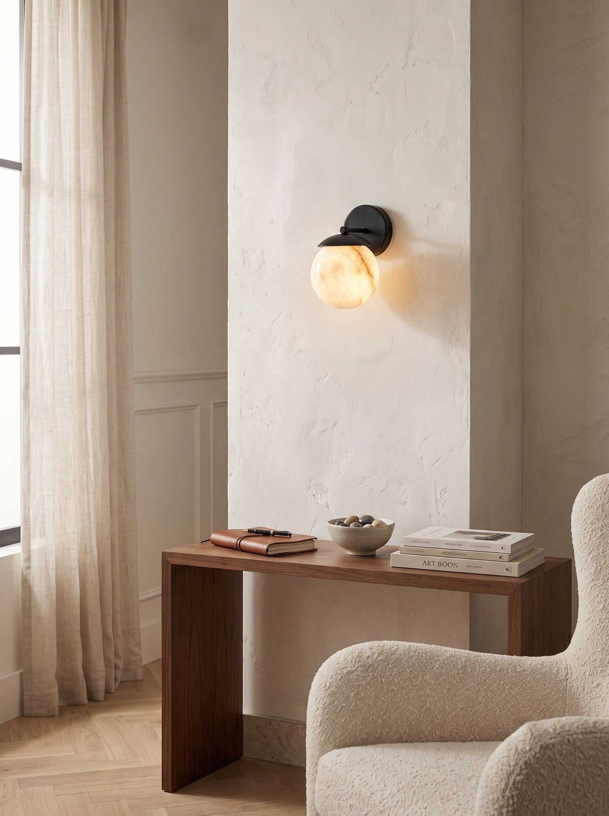 Lark Julep Alabaster Wall Sconce — additional product view, a stone globe beneath a brass cap (view 3)