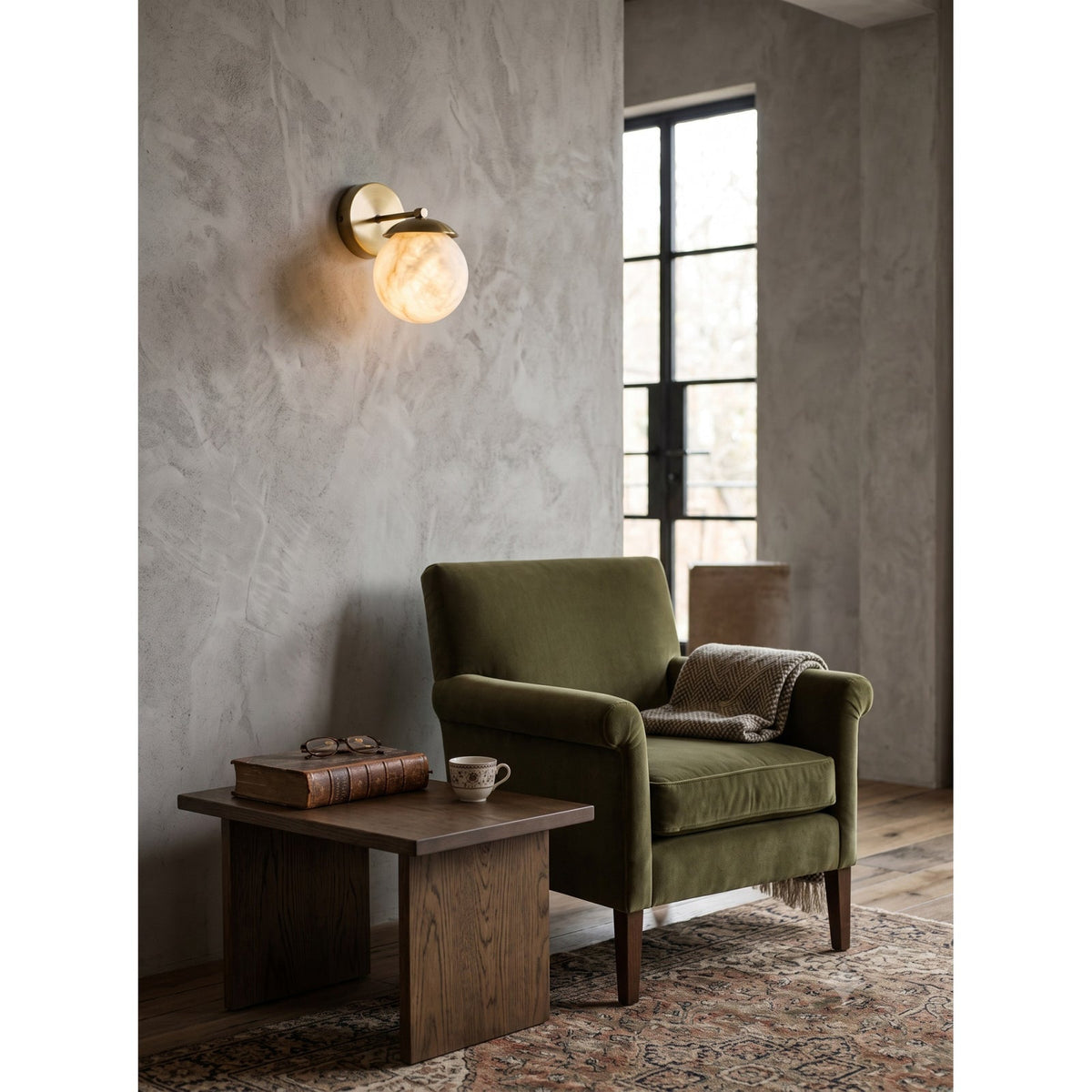 Lark Julep Alabaster Wall Sconce — additional product view, a stone globe beneath a brass cap (view 4)