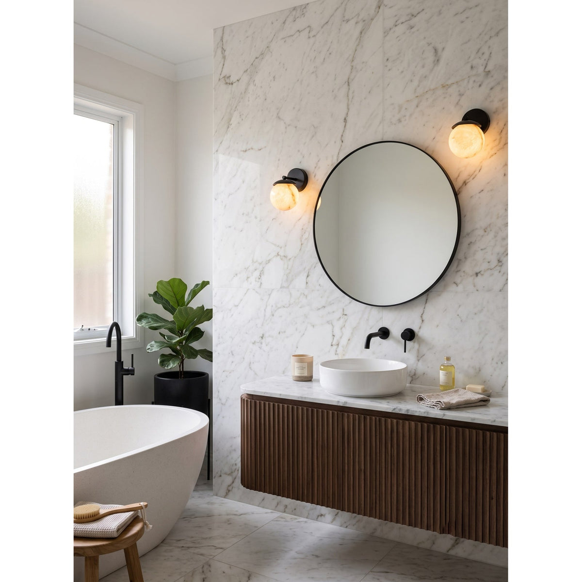 Lark Julep Alabaster Wall Sconce — additional product view, a stone globe beneath a brass cap (view 5)