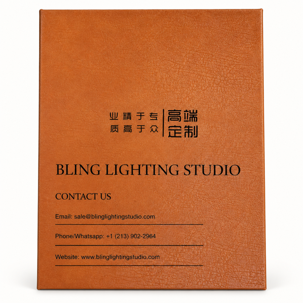 Bling Lighting Studio metal finish sample book back cover with contact information