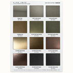 Metal finish sample book with gray black, antique bronze, brushed and textured metal swatches