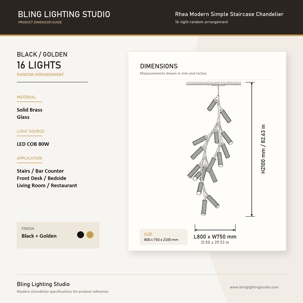 Product specification and dimension chart for a Rhea Modern Simple Staircase Chandelier by Bling Lighting Studio, showing a black and golden 16-light random arrangement with measurements and material details.