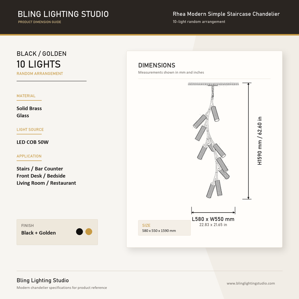 Product specification and dimension chart for the Rhea Modern Simple Staircase Chandelier by Bling Lighting Studio, showing a 10-light black and gold random arrangement with measurements and material details.