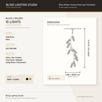 Product specification and dimension chart for the Rhea Modern Simple Staircase Chandelier by Bling Lighting Studio, showing a 10-light black and gold random arrangement with measurements and material details.