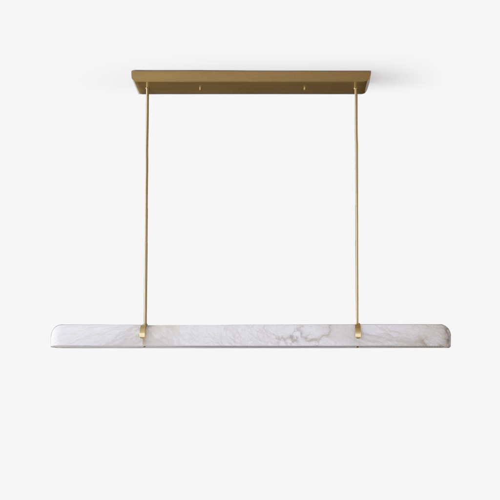 Linear Alabaster Chandelier — full fixture profile, a long stone bar with slim suspension hardware (view 1)