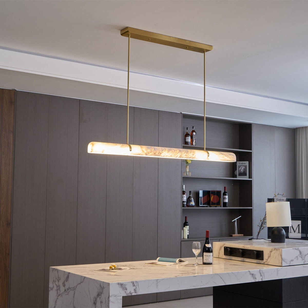 Linear Alabaster Chandelier — product setting and fixture profile, a long stone bar with slim suspension hardware (view 2)