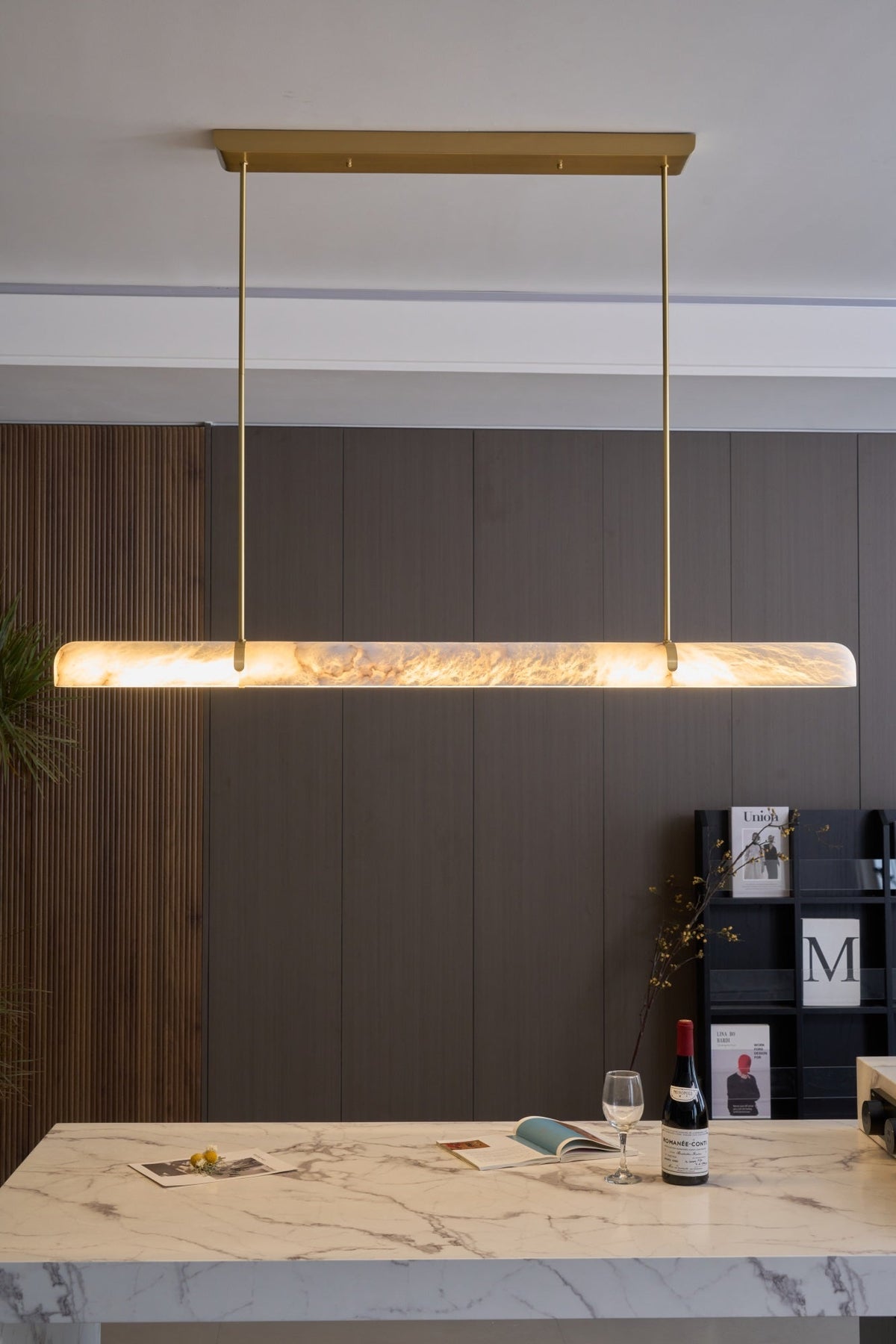 Linear Alabaster Chandelier — additional product view, a long stone bar with slim suspension hardware (view 4)