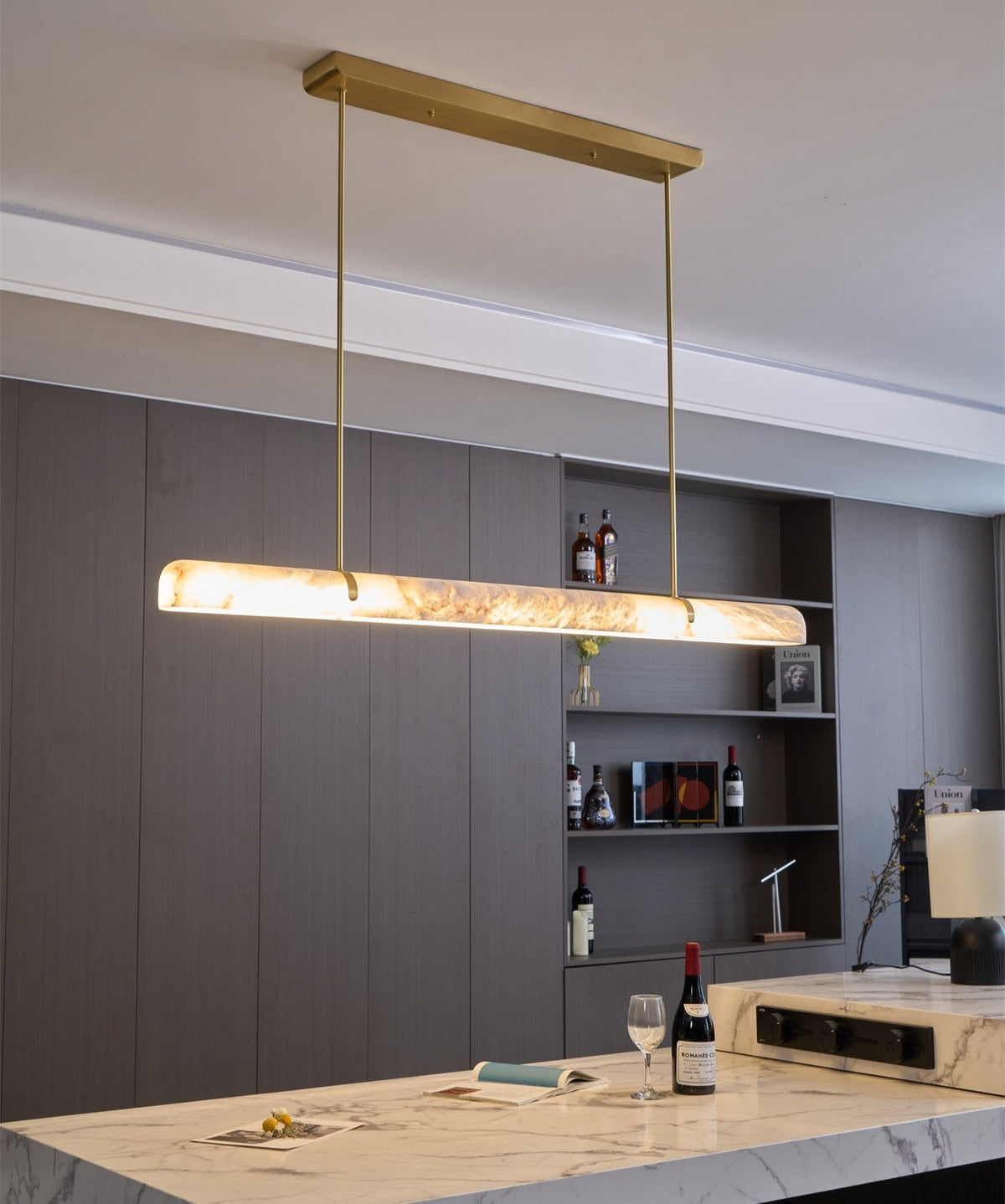 Linear Alabaster Chandelier — additional product view, a long stone bar with slim suspension hardware (view 5)