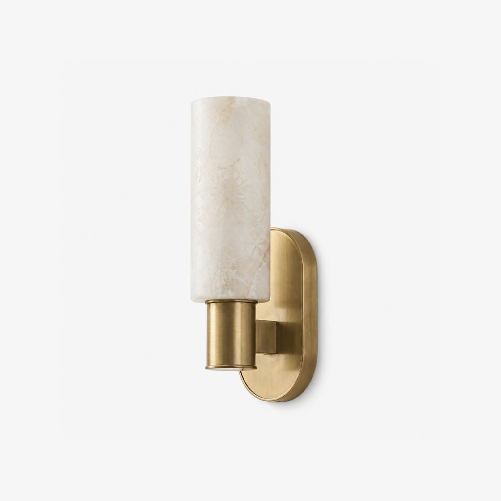Ludlow Alabaster Wall Sconce — full fixture profile, a cylindrical stone shade on a short straight wall arm (view 1)