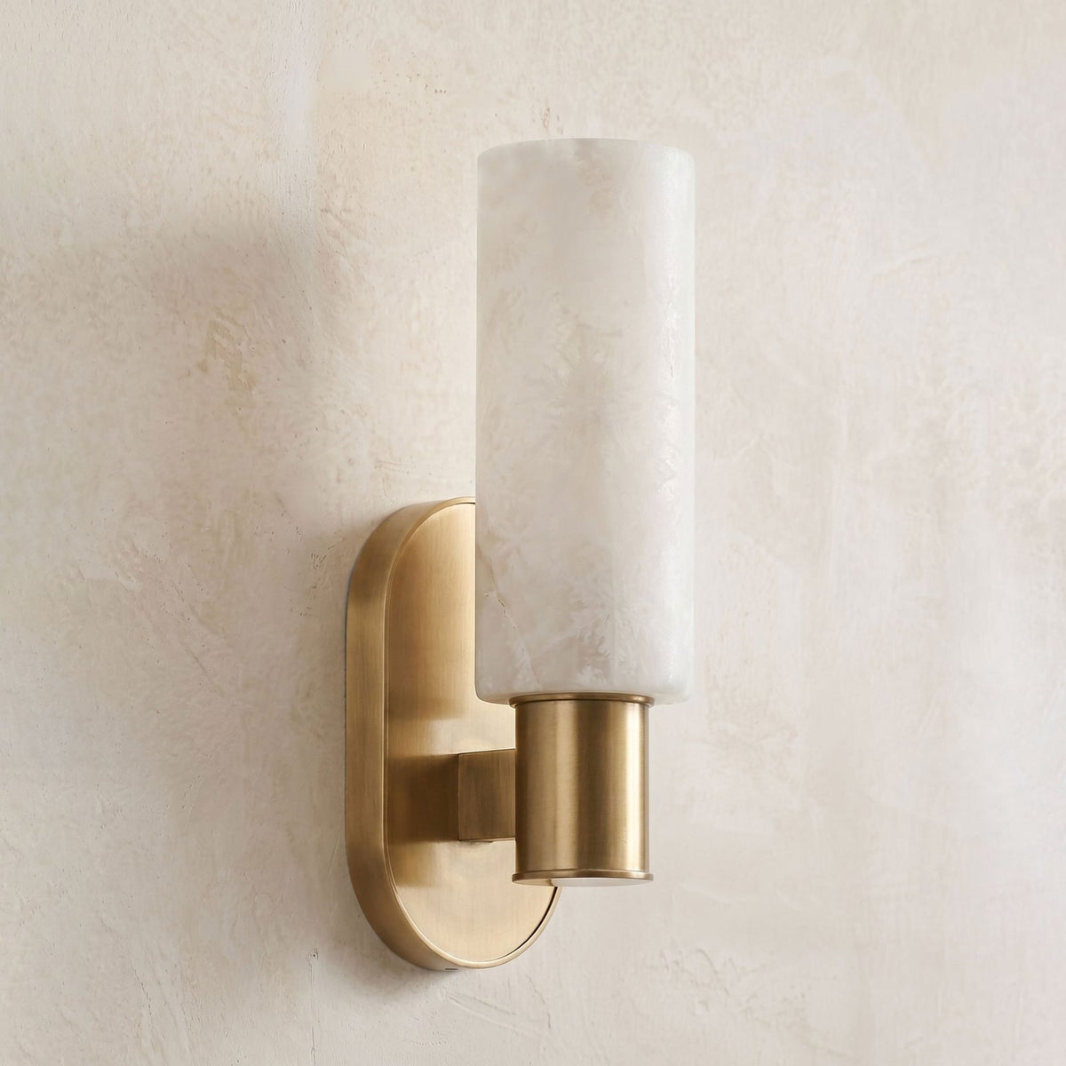 Ludlow Alabaster Wall Sconce — additional product view, a cylindrical stone shade on a short straight wall arm (view 5)