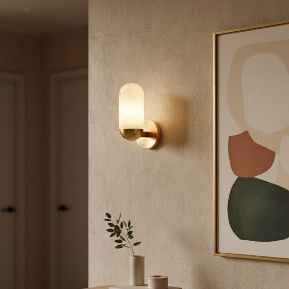 Lumeers Alabaster Wall Lamp — product setting and fixture profile, a capsule-shaped stone diffuser with brass fittings (view 2)