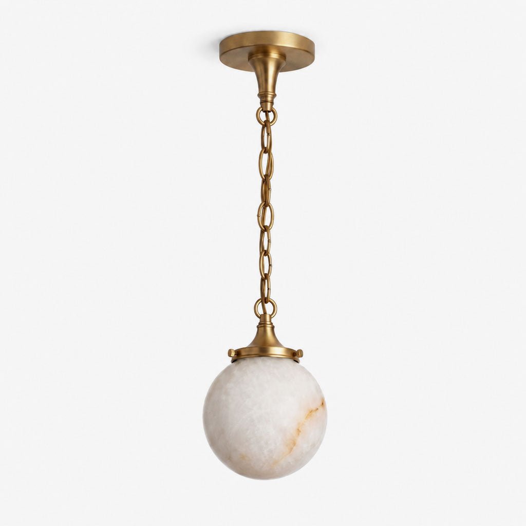 Luna Alabaster Globe Pendant Light — full fixture profile, a stone globe suspended from a decorative link chain (view 1)