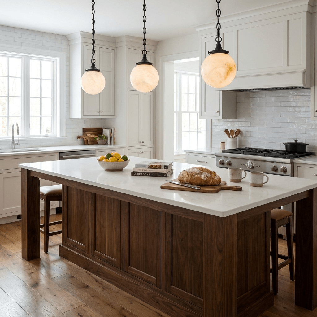 Luna Alabaster Globe Pendant Light — additional product view, a stone globe suspended from a decorative link chain (view 3)