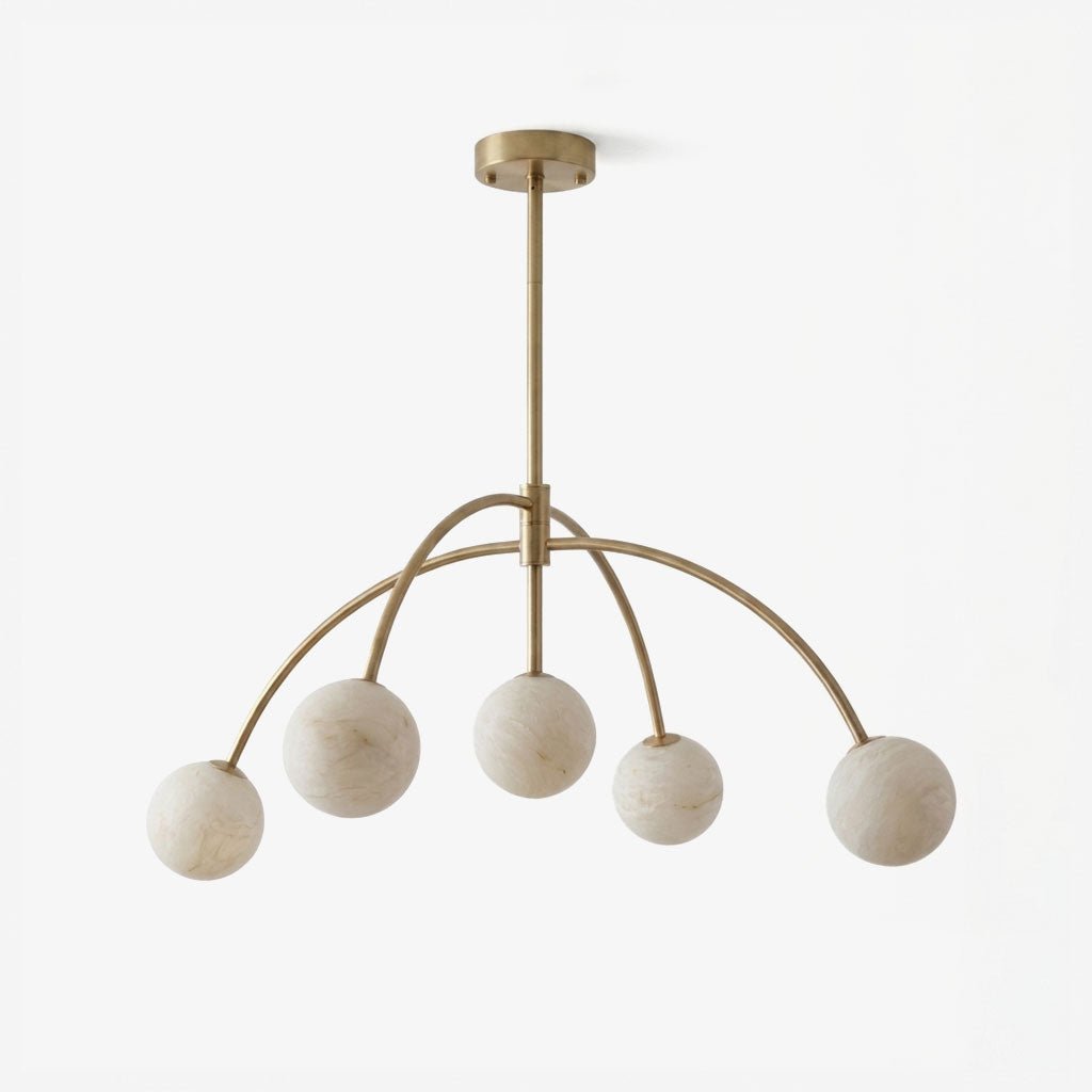 Lunara Alabaster Arc Chandelier — full fixture profile, five stone globes carried by curved metal arms (view 1)