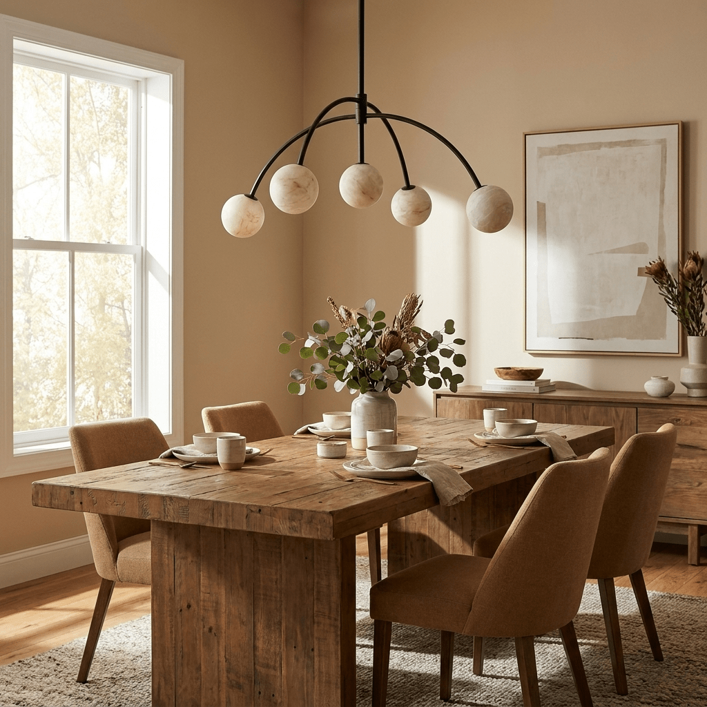 Lunara Alabaster Arc Chandelier — product setting and fixture profile, five stone globes carried by curved metal arms (view 2)