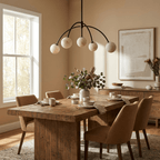 Lunara Alabaster Arc Chandelier — product setting and fixture profile, five stone globes carried by curved metal arms (view 2)