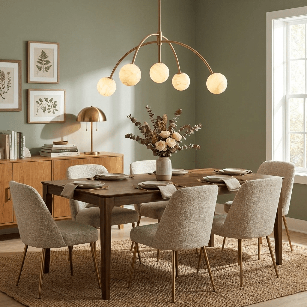 Lunara Alabaster Arc Chandelier — additional product view, five stone globes carried by curved metal arms (view 3)
