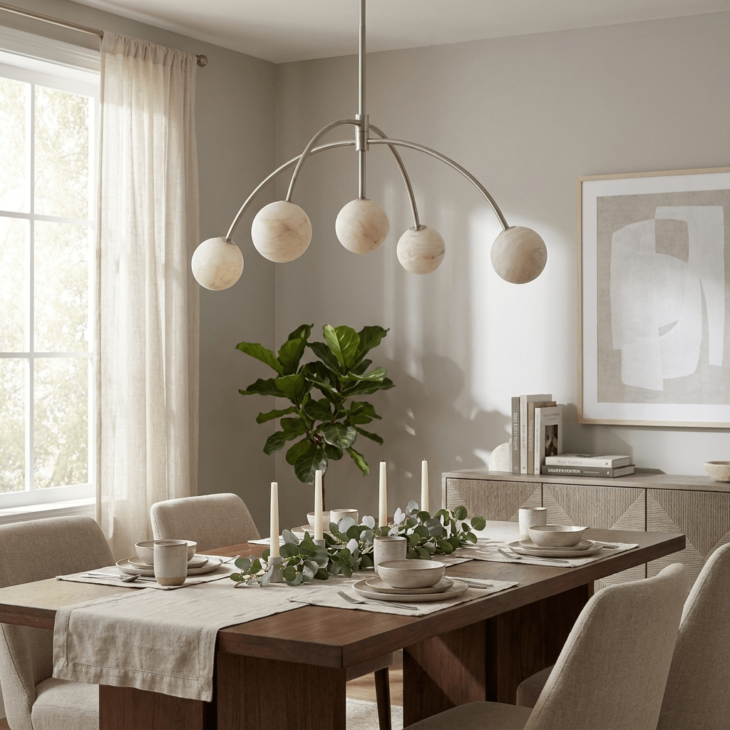 Lunara Alabaster Arc Chandelier — additional product view, five stone globes carried by curved metal arms (view 5)