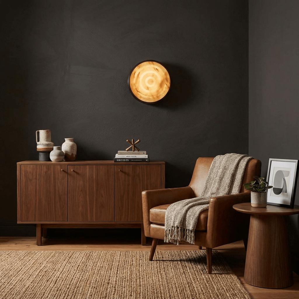 Orlina Stone Disc Wall Sconce — additional product view, a shallow circular stone diffuser on a metal wall mount (view 3)