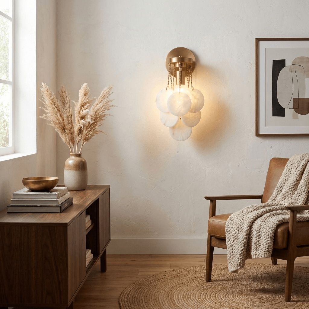 Magnolia Alabaster Disc Sconce — product setting and fixture profile, five stone discs suspended beneath a round wall plate (view 2)
