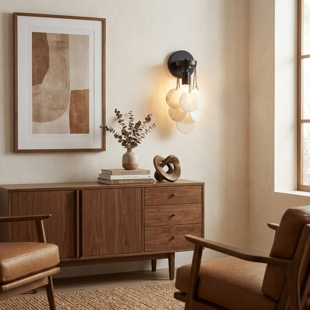 Magnolia Alabaster Disc Sconce — additional product view, five stone discs suspended beneath a round wall plate (view 4)