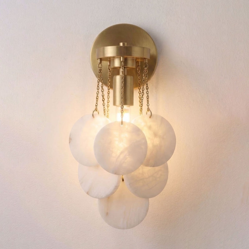 Magnolia Alabaster Disc Sconce — additional product view, five stone discs suspended beneath a round wall plate (view 5)