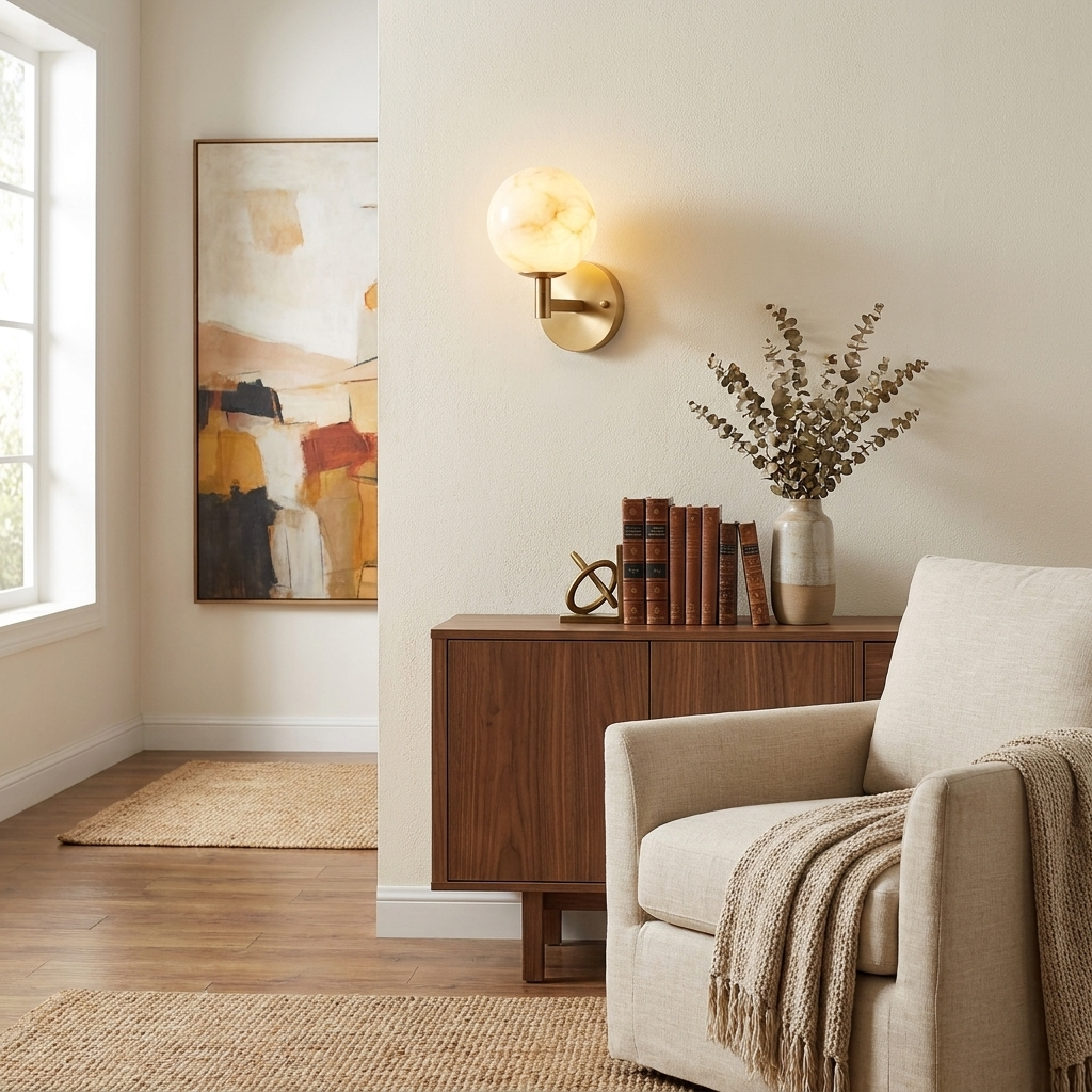 Marbella Alabaster Wall Sconce — product setting and fixture profile, a stone globe on a short jointed wall arm (view 2)