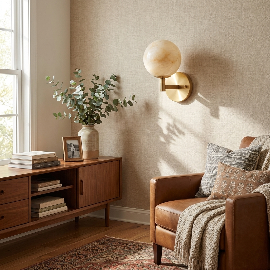 Marbella Alabaster Wall Sconce — additional product view, a stone globe on a short jointed wall arm (view 4)