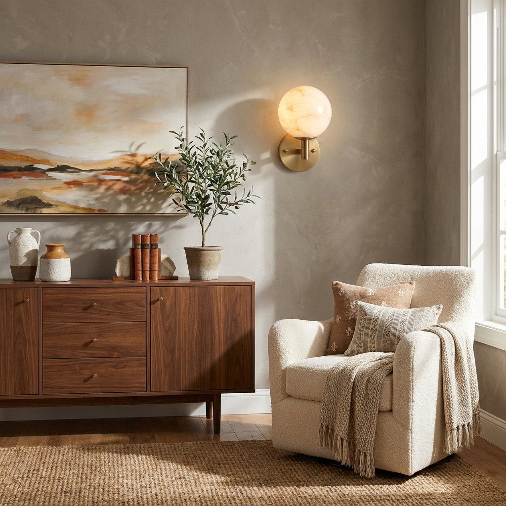 Marbella Alabaster Wall Sconce — additional product view, a stone globe on a short jointed wall arm (view 5)