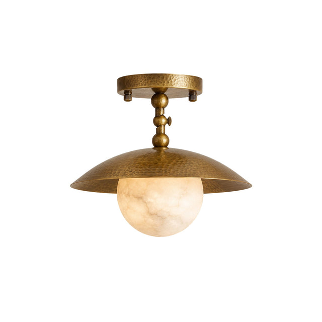 Marie Petite Hammer Pattern Flush Mount — full fixture profile, a stone globe beneath a textured brass dome (view 1)