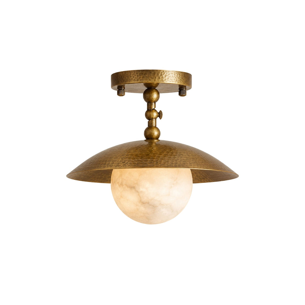 Marie Petite Hammer Pattern Flush Mount — full fixture profile, a stone globe beneath a textured brass dome (view 1)