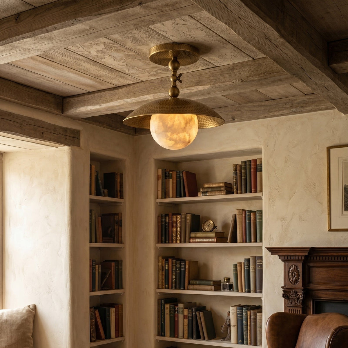 Marie Petite Hammer Pattern Flush Mount — product setting and fixture profile, a stone globe beneath a textured brass dome (view 2)