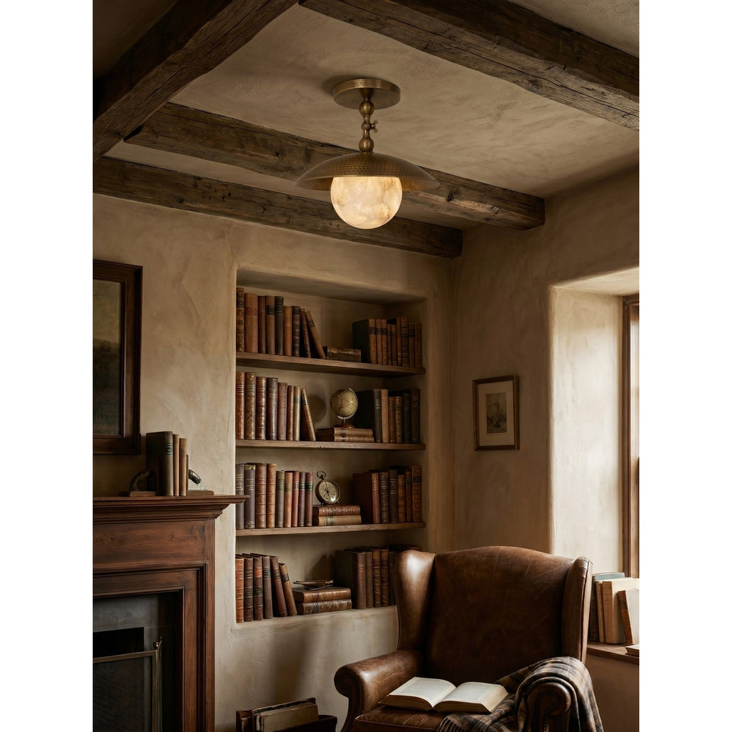 Marie Petite Hammer Pattern Flush Mount — additional product view, a stone globe beneath a textured brass dome (view 4)