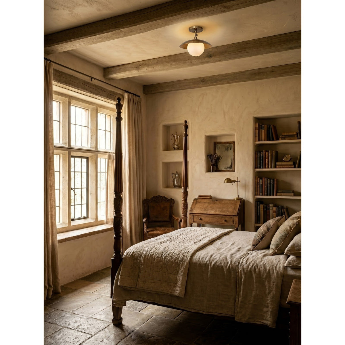 Marie Petite Hammer Pattern Flush Mount — additional product view, a stone globe beneath a textured brass dome (view 5)