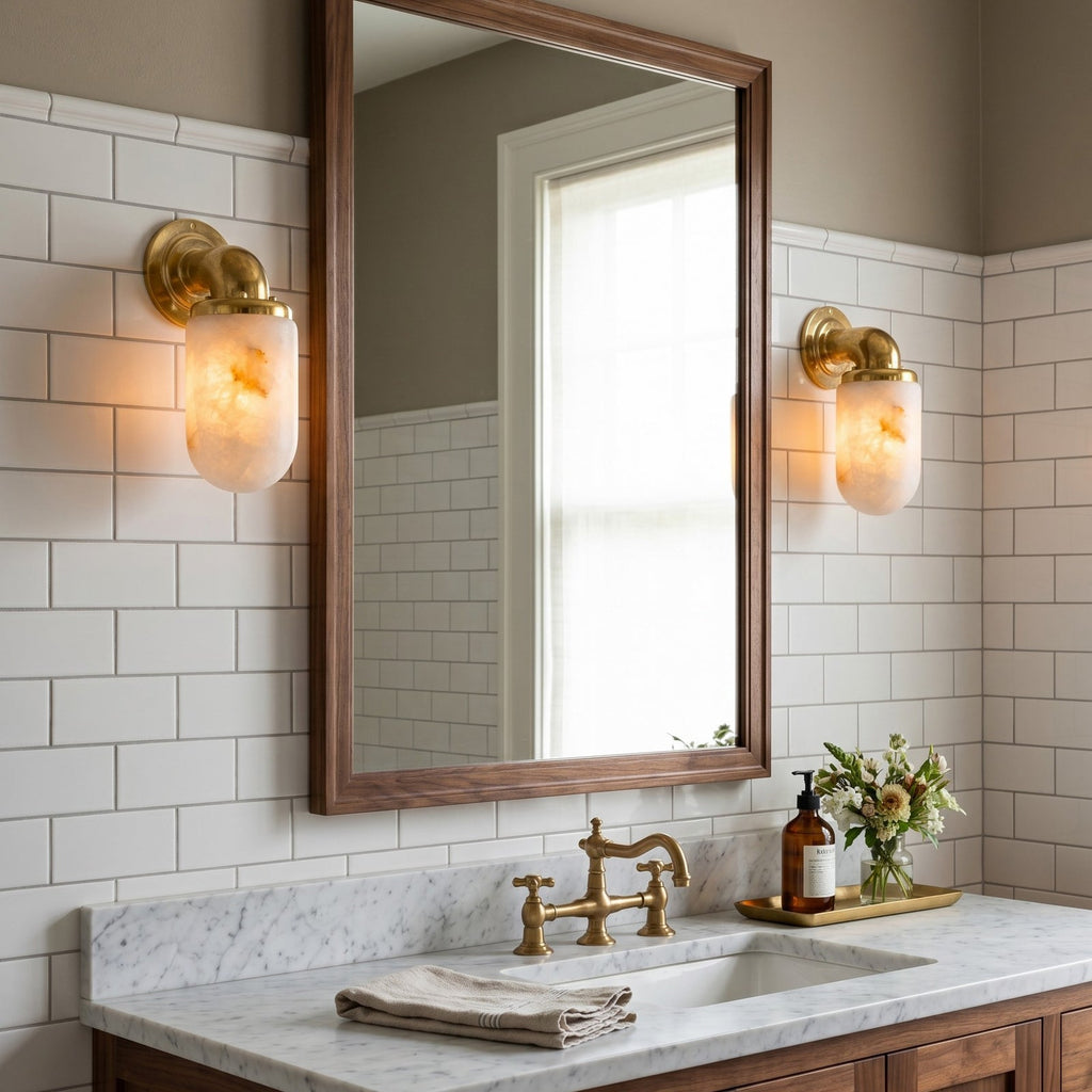 Marine Alabaster Wall Sconce — product setting and fixture profile, a rounded stone shade with utility-inspired brass hardware (view 2)