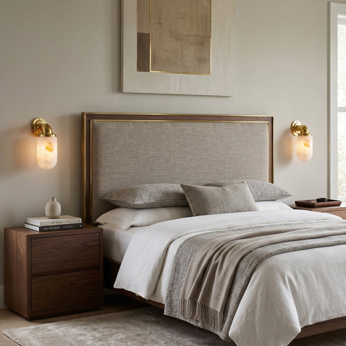 Marine Alabaster Wall Sconce — additional product view, a rounded stone shade with utility-inspired brass hardware (view 3)