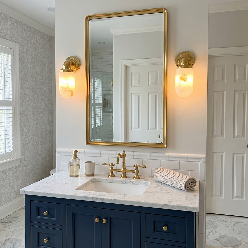 Marine Alabaster Wall Sconce — additional product view, a rounded stone shade with utility-inspired brass hardware (view 4)