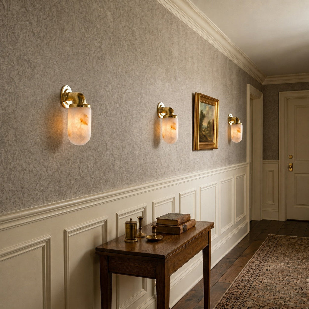 Marine Alabaster Wall Sconce — additional product view, a rounded stone shade with utility-inspired brass hardware (view 5)