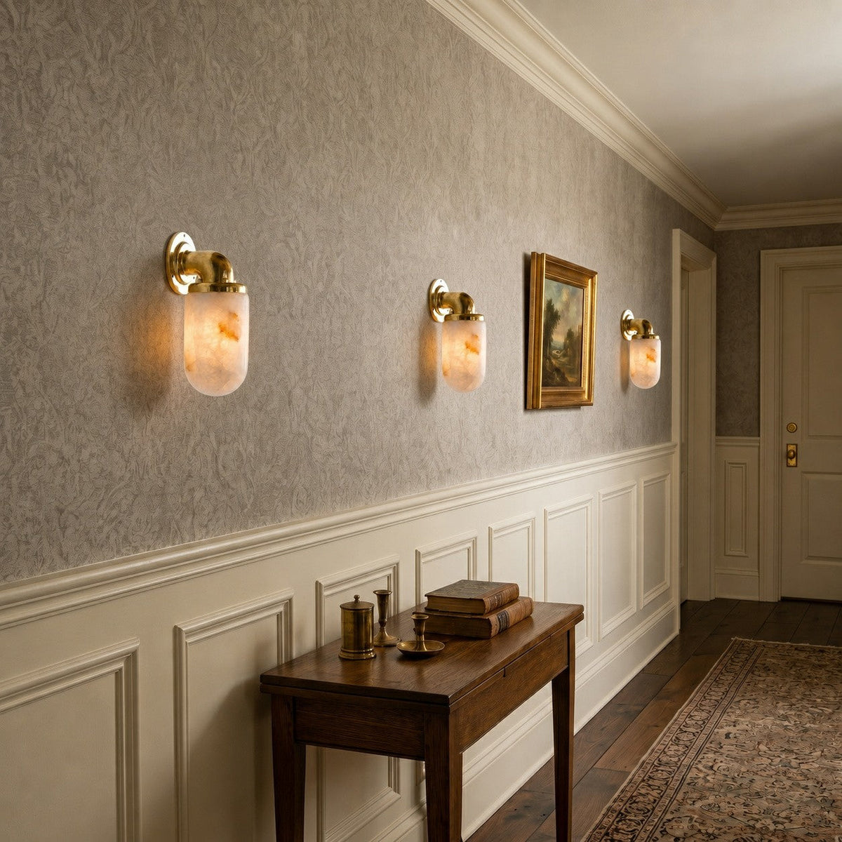 Marine Alabaster Wall Sconce — additional product view, a rounded stone shade with utility-inspired brass hardware (view 5)