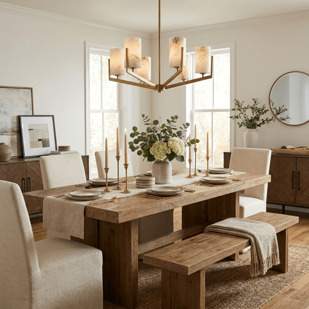 Marlowe Alabaster Star Chandelier — product setting and fixture profile, six cylindrical stone shades on angular radiating arms (view 2)
