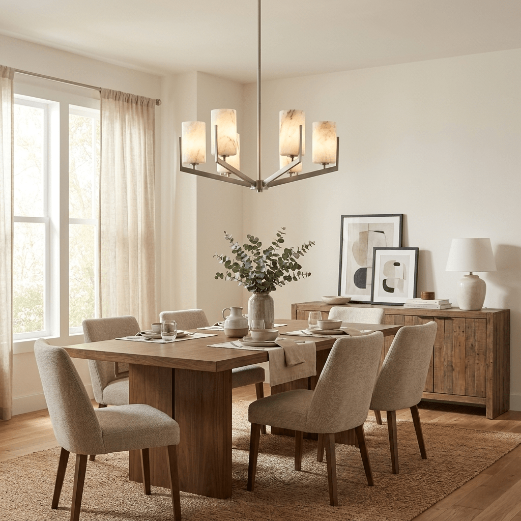 Marlowe Alabaster Star Chandelier — additional product view, six cylindrical stone shades on angular radiating arms (view 4)